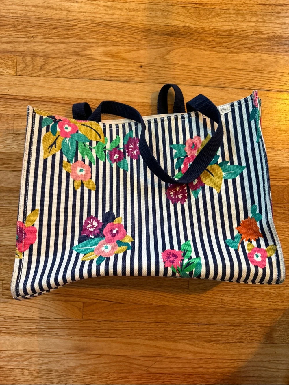 Spartina 449 Large Navy Stripe Floral Tote with Pink & Green Accents